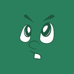 Lovely nice attractive face on a green background. Smilie boy angrily and terribly looks up. Flat design.