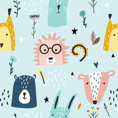 Forest baby animals seamless funny pattern.