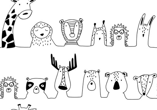 Baby animals cute cartoon seamless pattern in lines style.