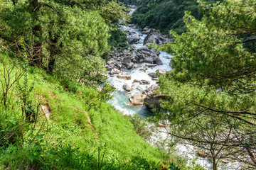 Fototapeta na wymiar The lush green Tirthan valley & turquoise water flowing through the Great Himalayan National Park.