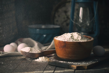 Flour in a wooden bowl
