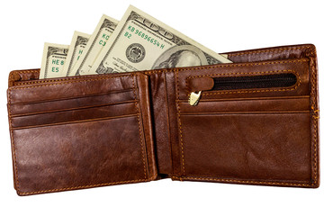 Brown wallet with american dollars isolated on white background