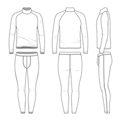 Male sports clothing set. Blank template of raglan sleeves tee and joggers pants in front, back and side views. Casual style. Vector illustration for your fashion design. Isolated on white background. - 246160958