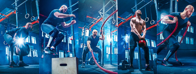 Collage about man with battle ropes exercise in the fitness gym. The fit, gym, sport, rope, training, athlete, workout, exercises concept