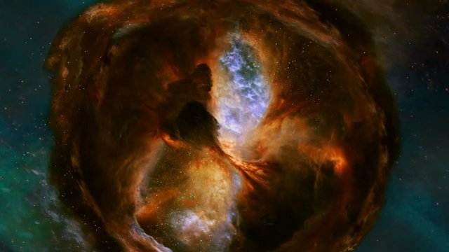 The viewer looks at a portion of a nebula in space from different angles, its pillars of gas and dust can be seen in three dimensions. 