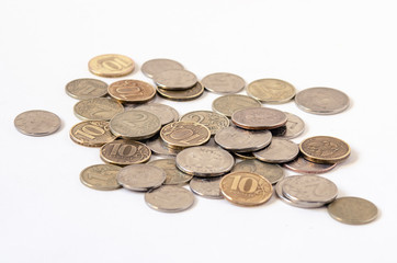 Russian ruble coin in the middle plane of the plan.