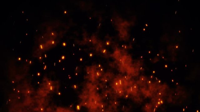 Burning red hot sparks rise from large fire seamless loop. Backdrop of bonfire, light and life. 3D animation of fiery orange glowing flying ember particles on black background in 4k with alpha matte