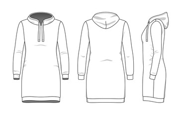 Female dress clothing set. Blank template of hood sweatdress in front, back and side views. Casual style. Vector illustration for your fashion design. - 246161952