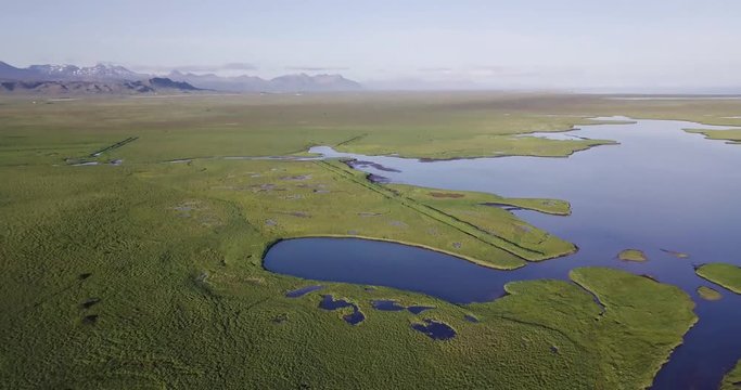 Aerial Footage of River Delt and Lakes During Sunny Summer In Snaefellsness Peninsula, Iceland
