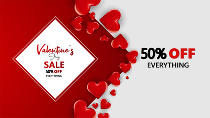 Naklejka na ściany i meble Promo Web Banner for Valentine's Day Sale. Beautiful Background with Red Hearts. Vector Illustration with Seasonal Offer. - Vector 
