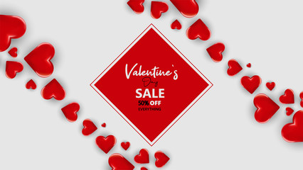     Promo Web Banner for Valentine's Day Sale. Beautiful Background with Red Hearts. Vector Illustration with Seasonal Offer. - Vector 