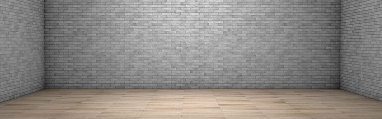 Ziegel Mauer mit Holzboden Leerer Raum mit grauen Wänden