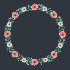 Floral greeting card and invitation template for wedding or birthday anniversary, Vector circle shape of text box label and frame, Cosmos flowers wreath ivy style with branch and leaves.