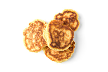 Homemade fluffy pancakes isolated on white background. Russian, Belarusian food. 