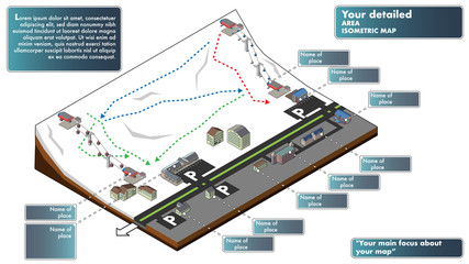 Isometric style ski resort, resort map.