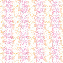 traditional Indian mehndi seamless pattern with watercolor pink-orange texture and white background