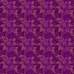 traditional Indian mehndi seamless pattern with watercolor pink-orange texture and purple background