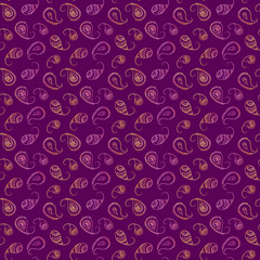 traditional Indian mehndi seamless pattern with watercolor pink-orange texture and purple background