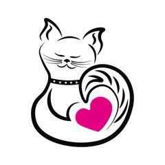 Sleeping cat in black outline with red heart on white background. Logo, icon, sign.