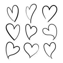 Vector set of doodle hand drawn isolated hearts icons. Design elements