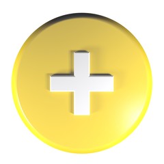 Obraz premium Yellow circle push button with the sign + for the sum operation - 3D rendering illustration
