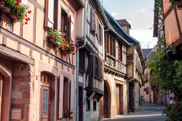 Fototapeta na wymiar Ribeauville France 09-08-2018. old timbered houses in the city of Ribeauville in Alsace France.