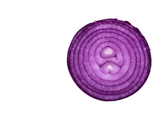 Violet onion slice on a white background, top view