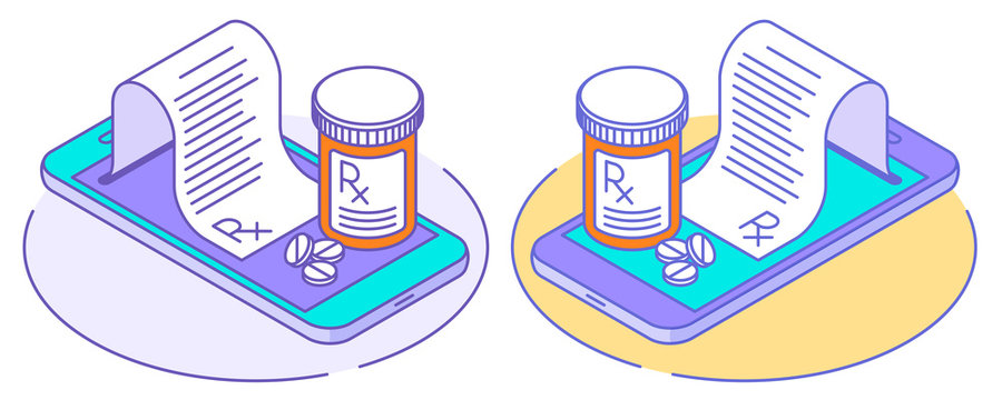 A Doctor Online Writes The Medical Prescription, Pill Bottles On The Smartphones, Rx From The Screen. Line Isometric Illustration. The Telehealth, Telemedicine, Online Medicine Outline Vector Concept.