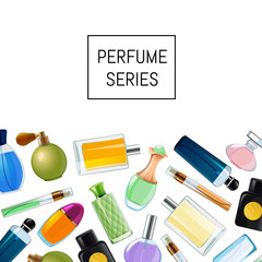 Fototapeta na wymiar Vector colored perfume bottles cosmetic background illustration page for website