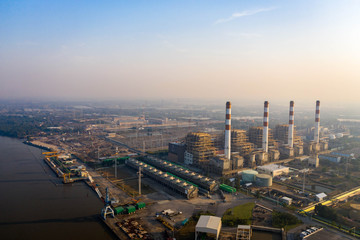 Obraz premium Aerial view. Power plants, industrial power, water and thermal energy