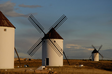 Windmills of Castile-La Mancha, made famous by Cervantes in his book Don Quixote, now on the tourism must see list of places to explore in Spain. Mota del Cuervo, Cuenca Province, Castile-La Mancha.