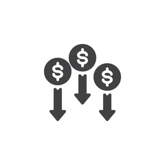 Dollar Decrease Rate vector icon. filled flat sign for mobile concept and web design. Money with arrows down simple solid icon. Symbol, logo illustration. Pixel perfect vector graphics