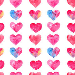 watercolor hand drawn multicolored heart seamless pattern on white background. Good for Valentine's day, wedding, fabric, paper