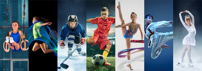 Attack. Sport collage about teen or child athletes or players. The soccer football, badminton, ice...