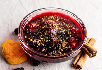 Mazamorra morada, delicious peruvian dessert jam with dried fruits and cinnamon. 
