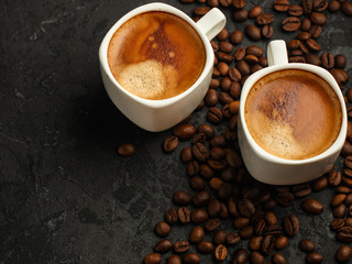 coffee, serving  beverage in a white cup (coffee grain). food. top.copy space