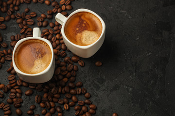 coffee, serving  beverage in a white cup (coffee grain). food. top.copy space