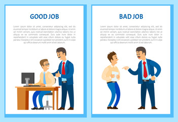 Good and bad job posters, chief executive angry with office worker, shouting at man vector. Boss praising new employee for well done task, text samples