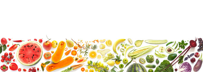 Banner from various vegetables and fruits isolated on white background, top view, creative flat...