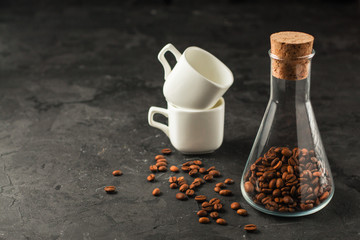 coffee, serving  beverage in a white cup (coffee grain). food. top.copy space