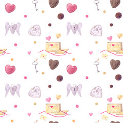 Watercolor hand drawn seamless pattern with romantic decorative elements for Valentine's day card, gift paper, wedding decore or fabric textile on white