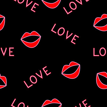 Fototapeta Seamless pattern of women's lips and inscriptions of love on the fabric, workpiece, etc.