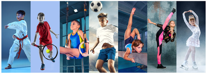Sport collage about teen or child athletes or players. The soccer football, figure skating, tennis,...