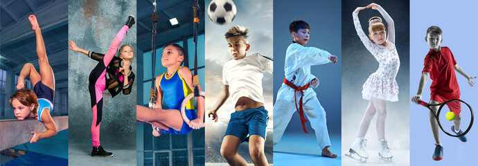 Sport collage about teen or child athletes or players. The soccer football, figure skating, tennis, karate martial arts, rhythmic gymnastics. Little boys and girls in action or motion © master1305