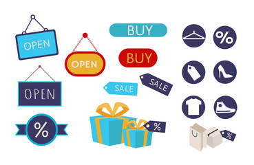 Modern flat set design concept of signboard open, buy, percent and element gift box, dress, footwear for website. White background. Vector illustration.