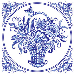 Kosz z kwiatami w niebieskich kolorach w wzorzystej ramie, płytka w stylu Delft, malarstwo Gzhel, chińska porcelana, ilustracji wektorowych, dekoracje do różnych wzorów. - 246172389