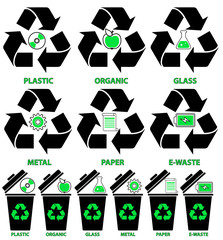 Obraz premium Recycling Symbols and Waste Bins Icon Set for Sorting Green