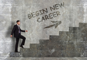 Business, technology, internet and networking concept. A young entrepreneur goes up the career ladder: begin new career