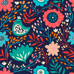 Floral seamless pattern with birds, flowers and plants