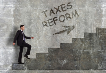 Business, technology, internet and networking concept. A young entrepreneur goes up the career ladder: taxes reform